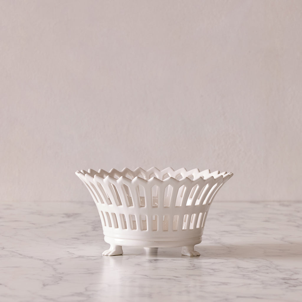 French Earthenware Openwork Basket with Feet, Small