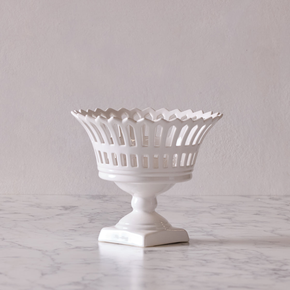French Earthenware Openwork Footed Basket on Square Pedestal, Medium