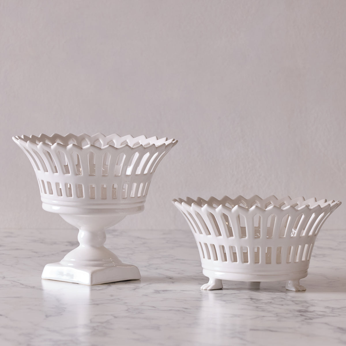 French Earthenware Openwork Footed Basket on Square Pedestal, Medium