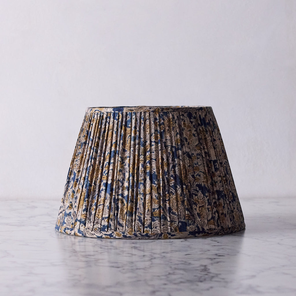 14" Lamp Shade in Hand-Blocked Silk, Denim & Ochre