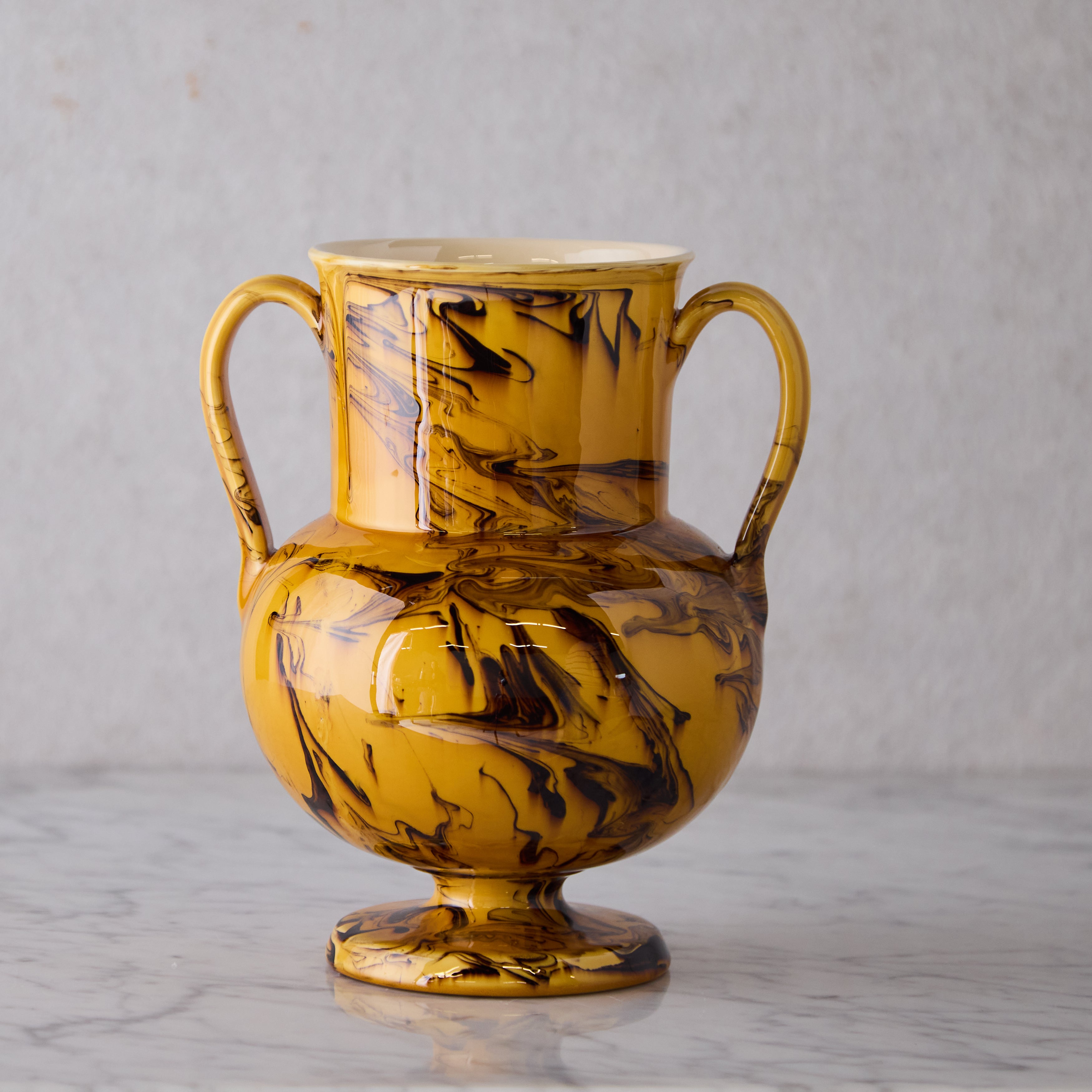 Apulian Amphora Vase in Yellow with Black Marble Glaze