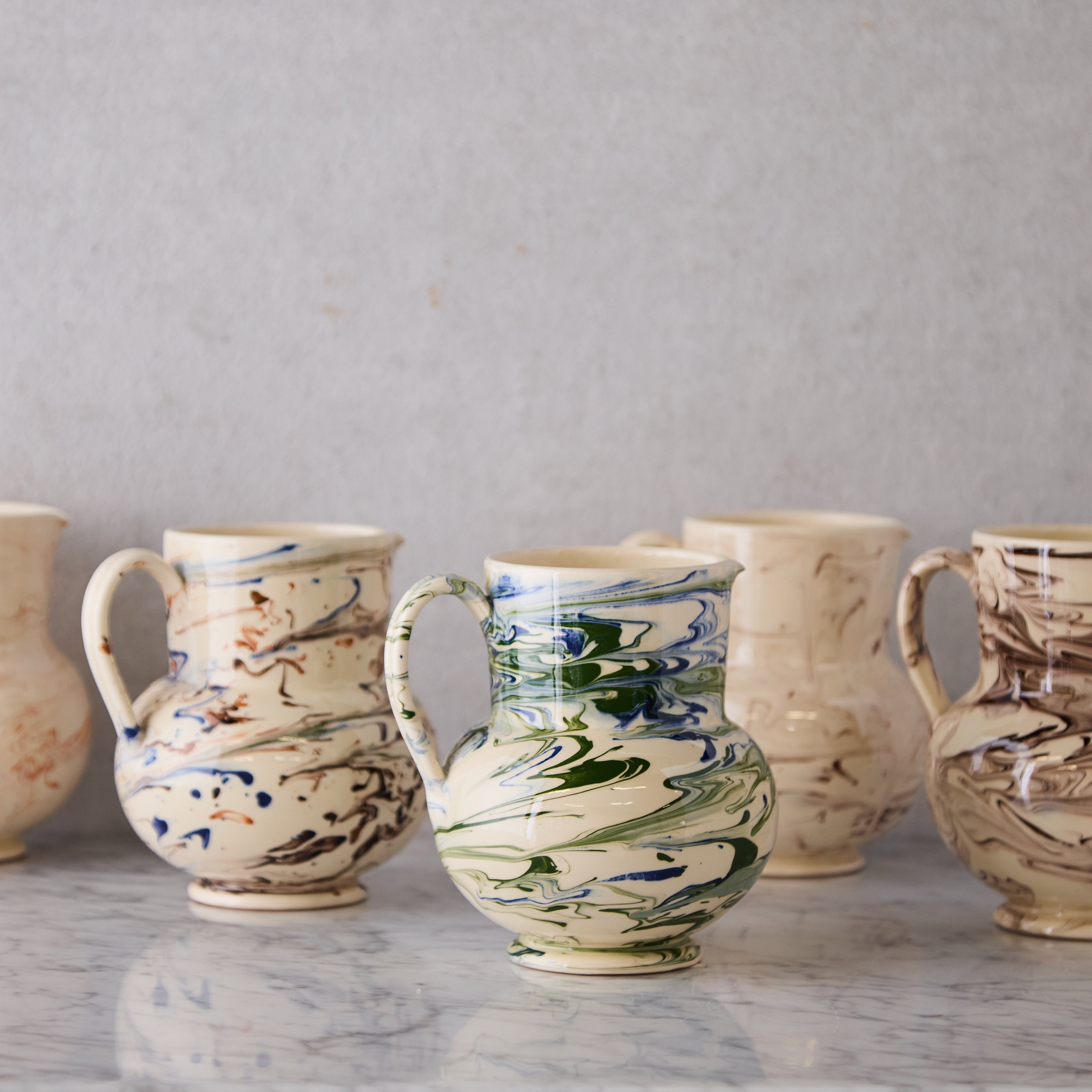 Apulian Pitcher in White with Dark Brown Marble Gaze