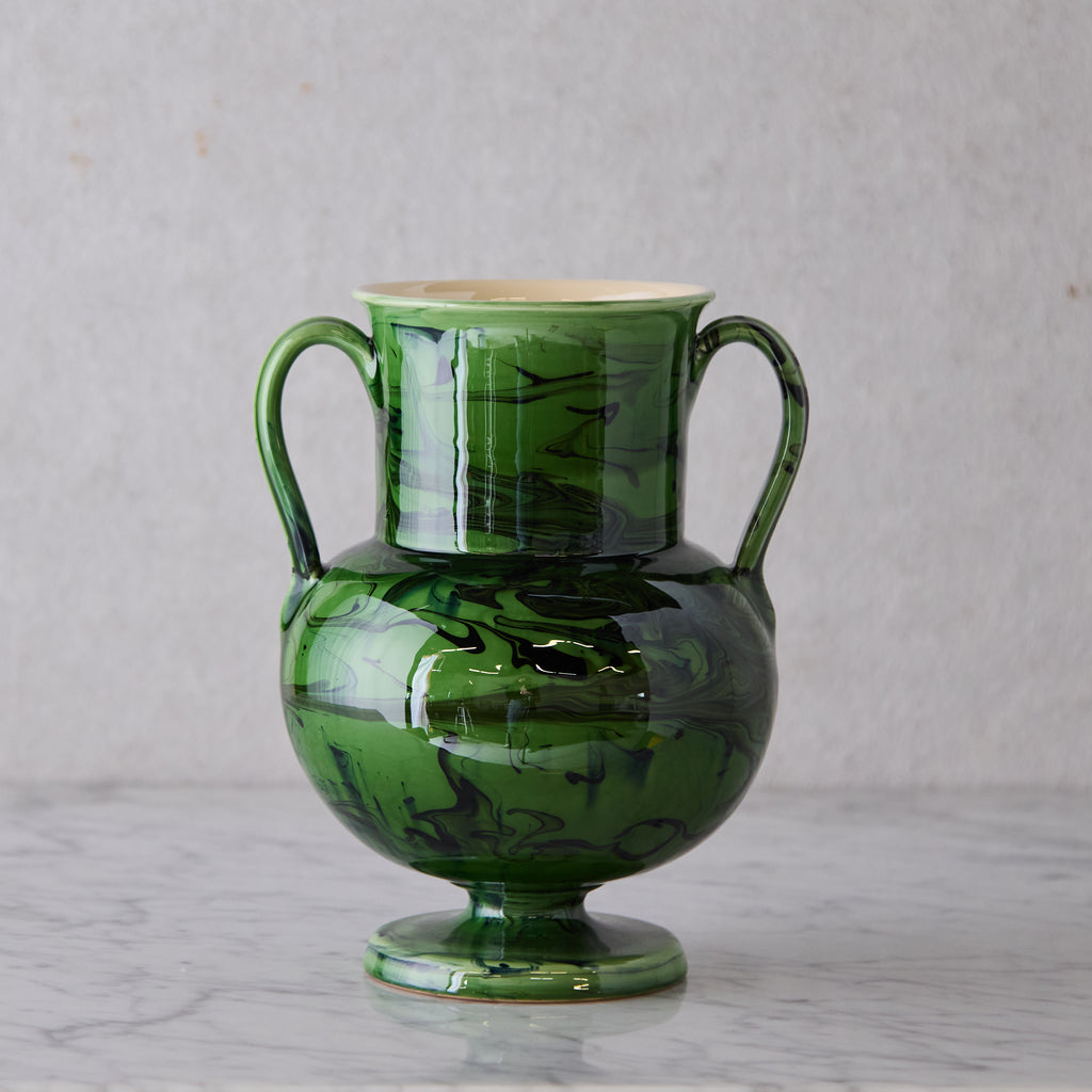 Apulian Amphora Vase in Green with Black Marble Glaze