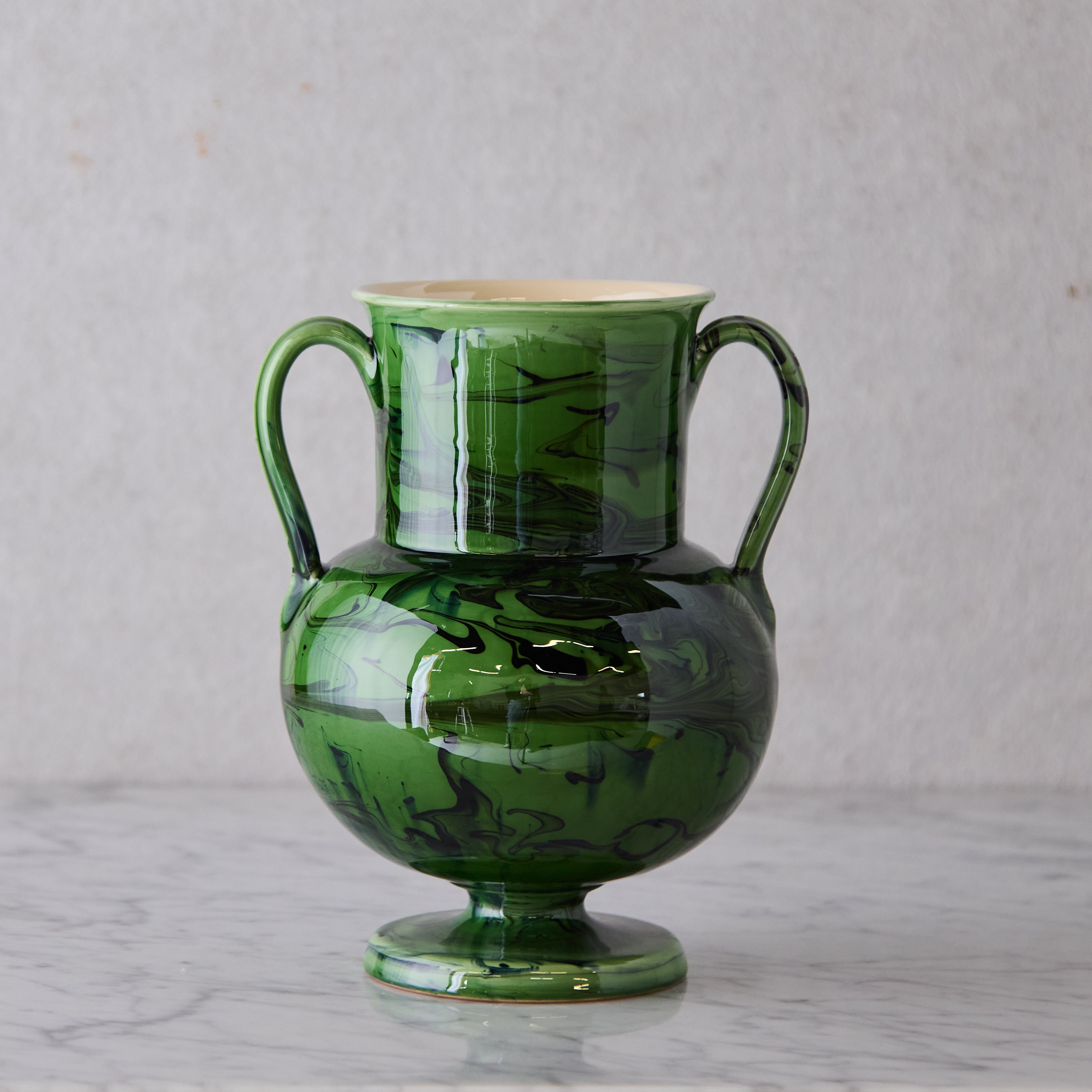 Apulian Amphora Vase in Green with Black Marble Glaze