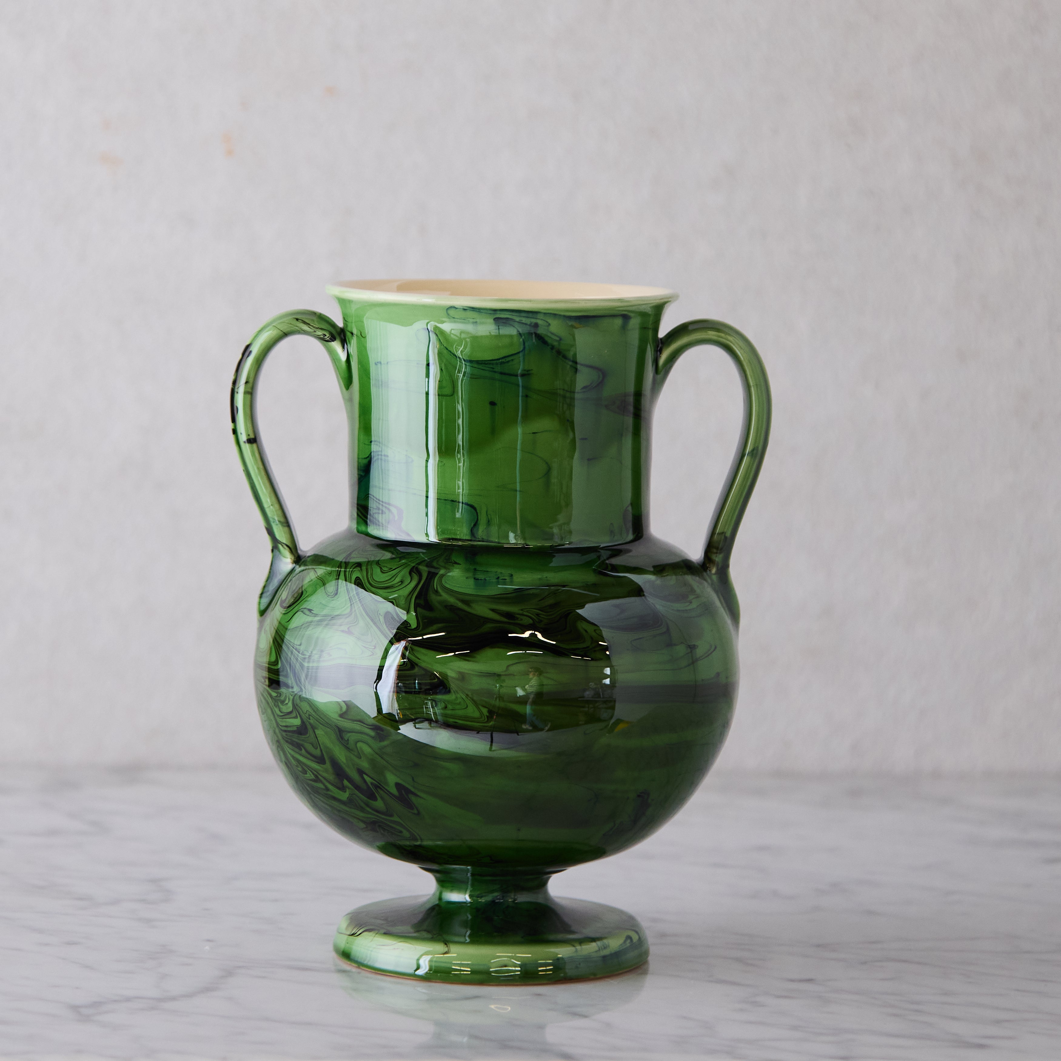 Apulian Amphora Vase in Green with Black Marble Glaze