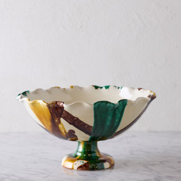 Fluted Fruitbowl in Brushstroke Glaze, Brown, Green & Yellow