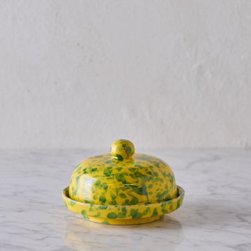 Splatterware Butter Dish, Green on Yellow