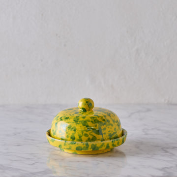 Splatterware Butter Dish, Green on Yellow