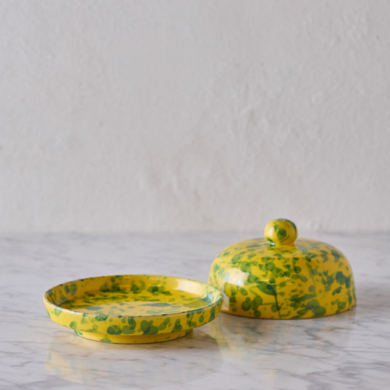 Splatterware Butter Dish, Green on Yellow