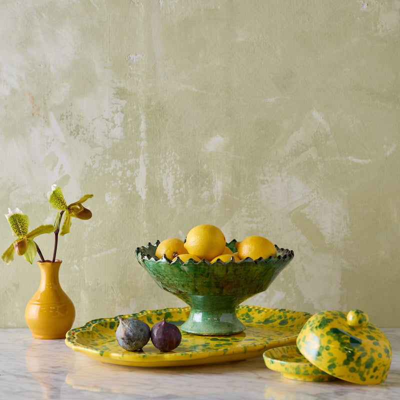 Splatterware Butter Dish, Green on Yellow