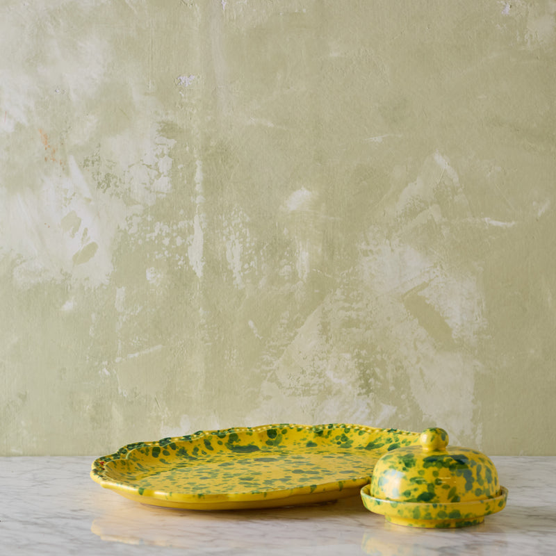 Splatterware Butter Dish, Green on Yellow