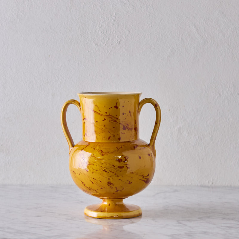 Apulian Amphora Vase in Yellow with Red Marble Glaze