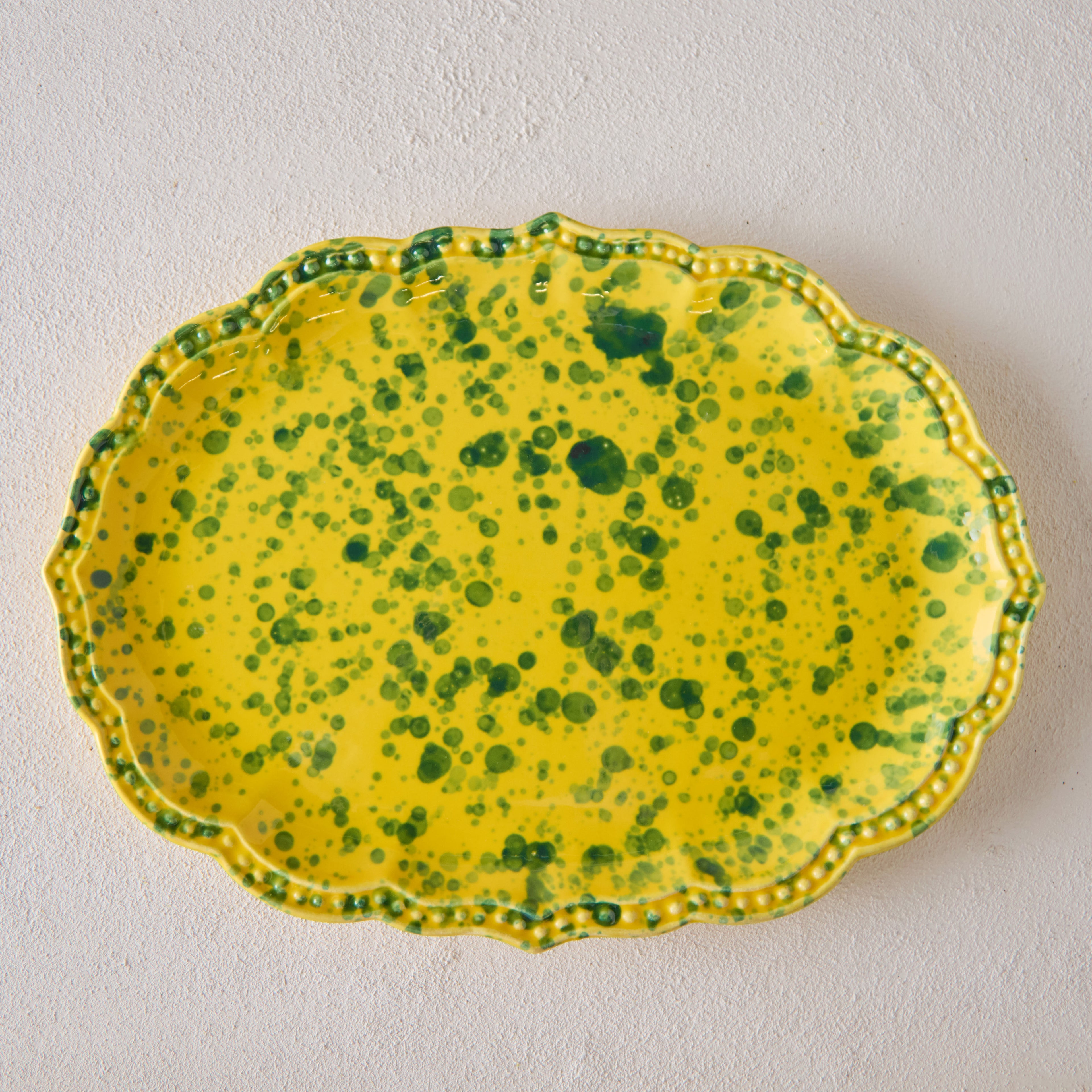 Splatterware Oval Platter, Green on Yellow