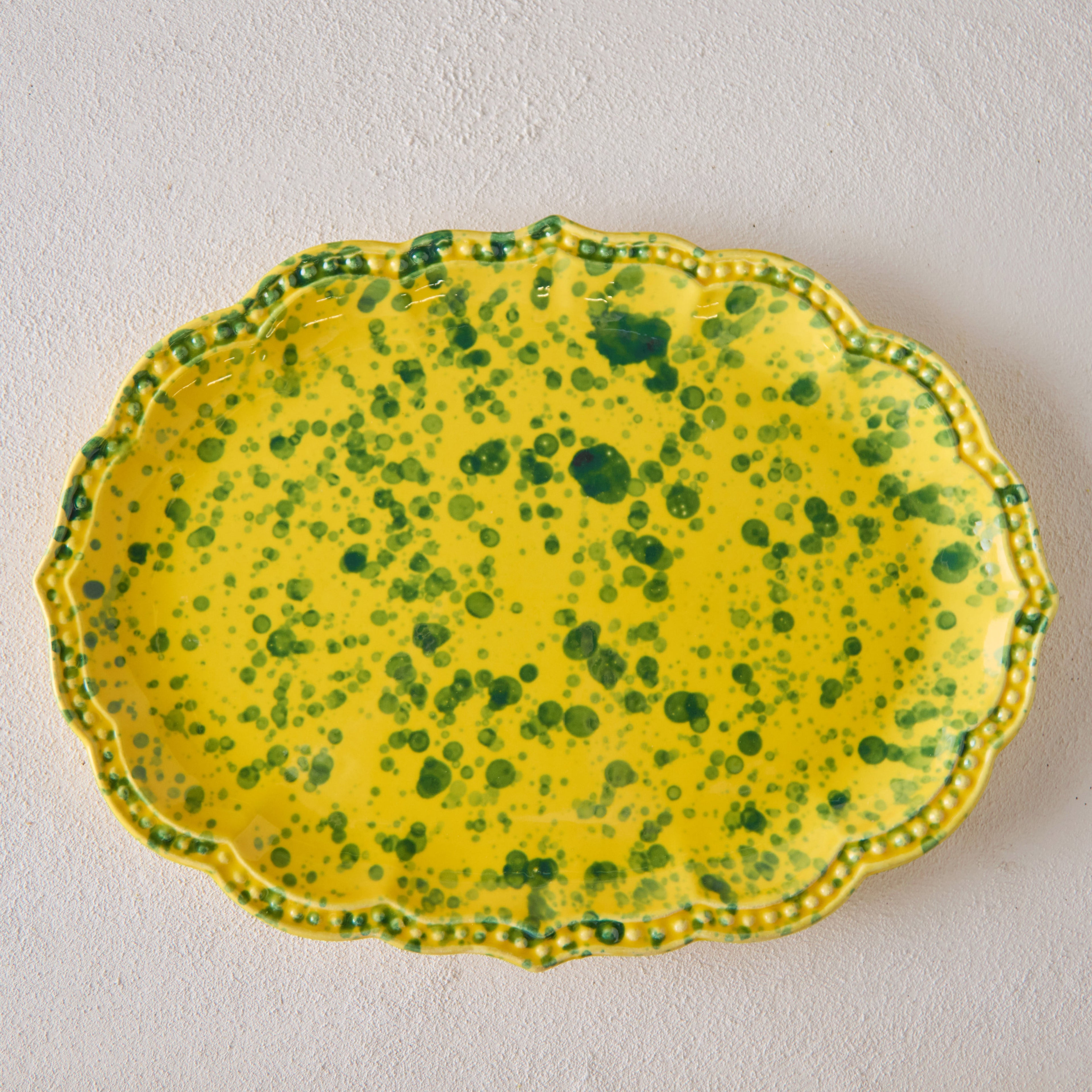 Splatterware Oval Platter, Green on Yellow