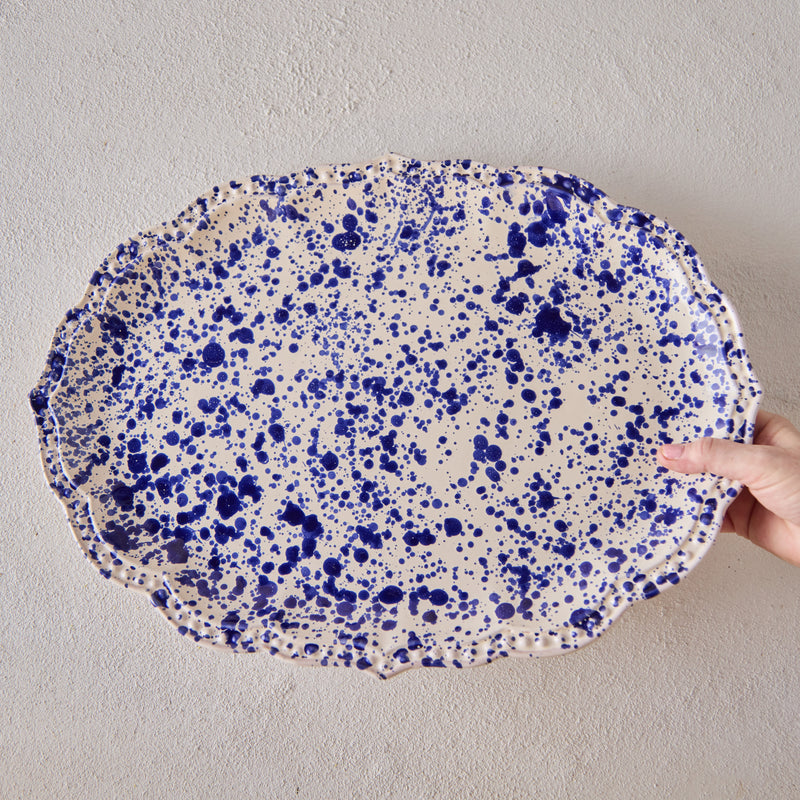 Splatterware Oval Platter, Navy Blue on White