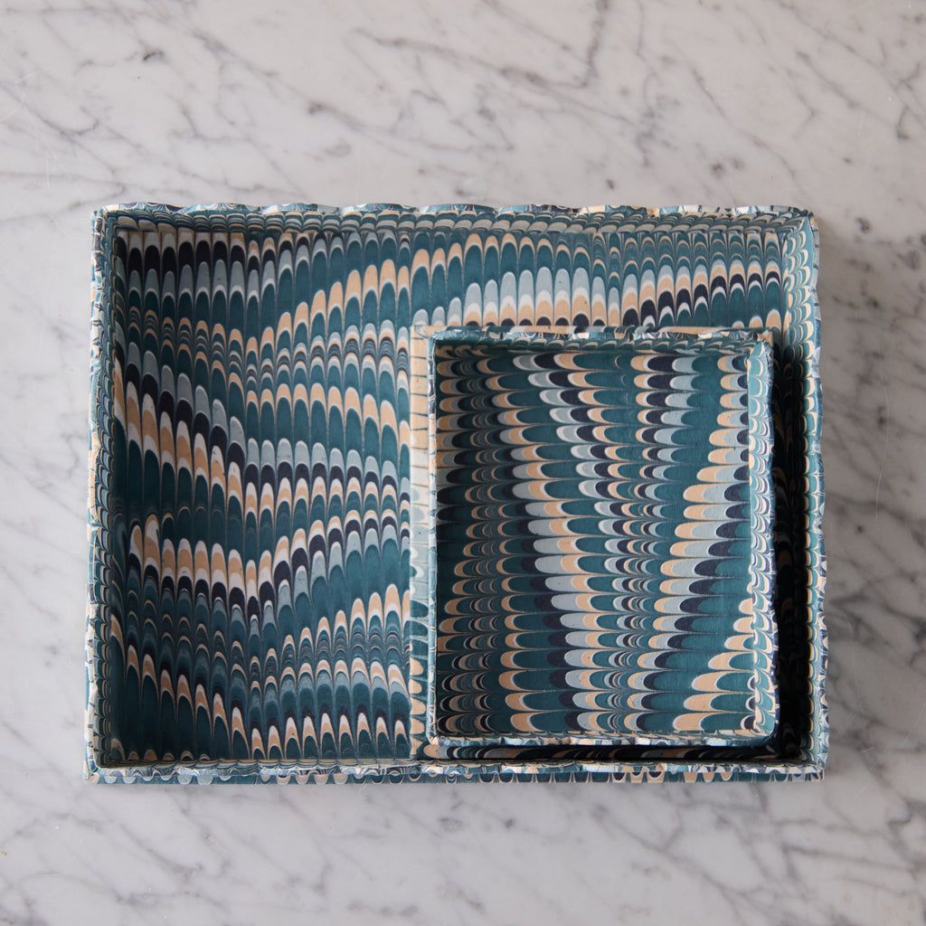 Marbled Scalloped Tray Set, Teal & Peach
