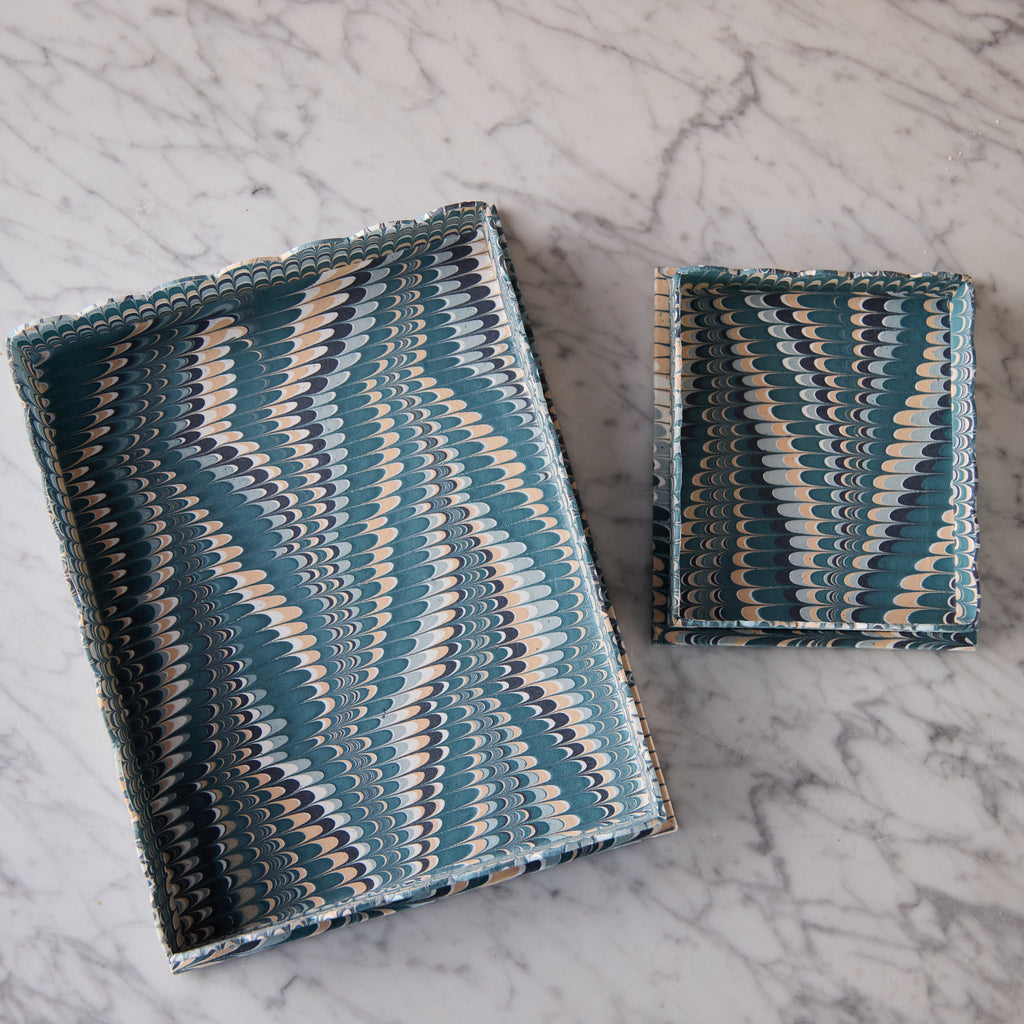 Marbled Scalloped Tray Set, Teal & Peach