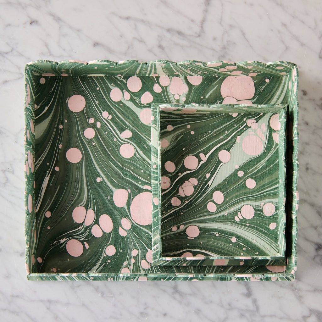 Marbled Scalloped Tray Set,Bubble Green & Pink
