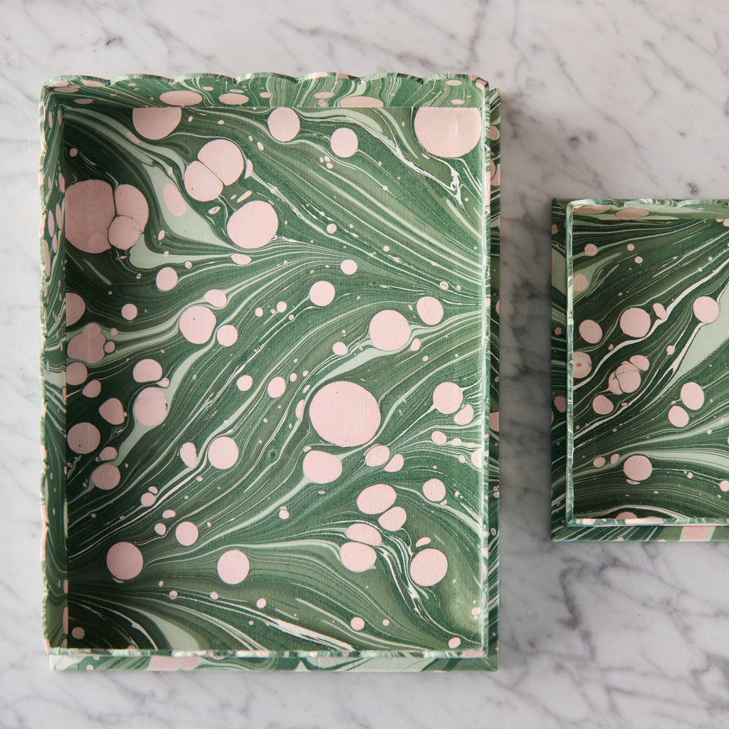 Marbled Scalloped Tray Set,Bubble Green & Pink