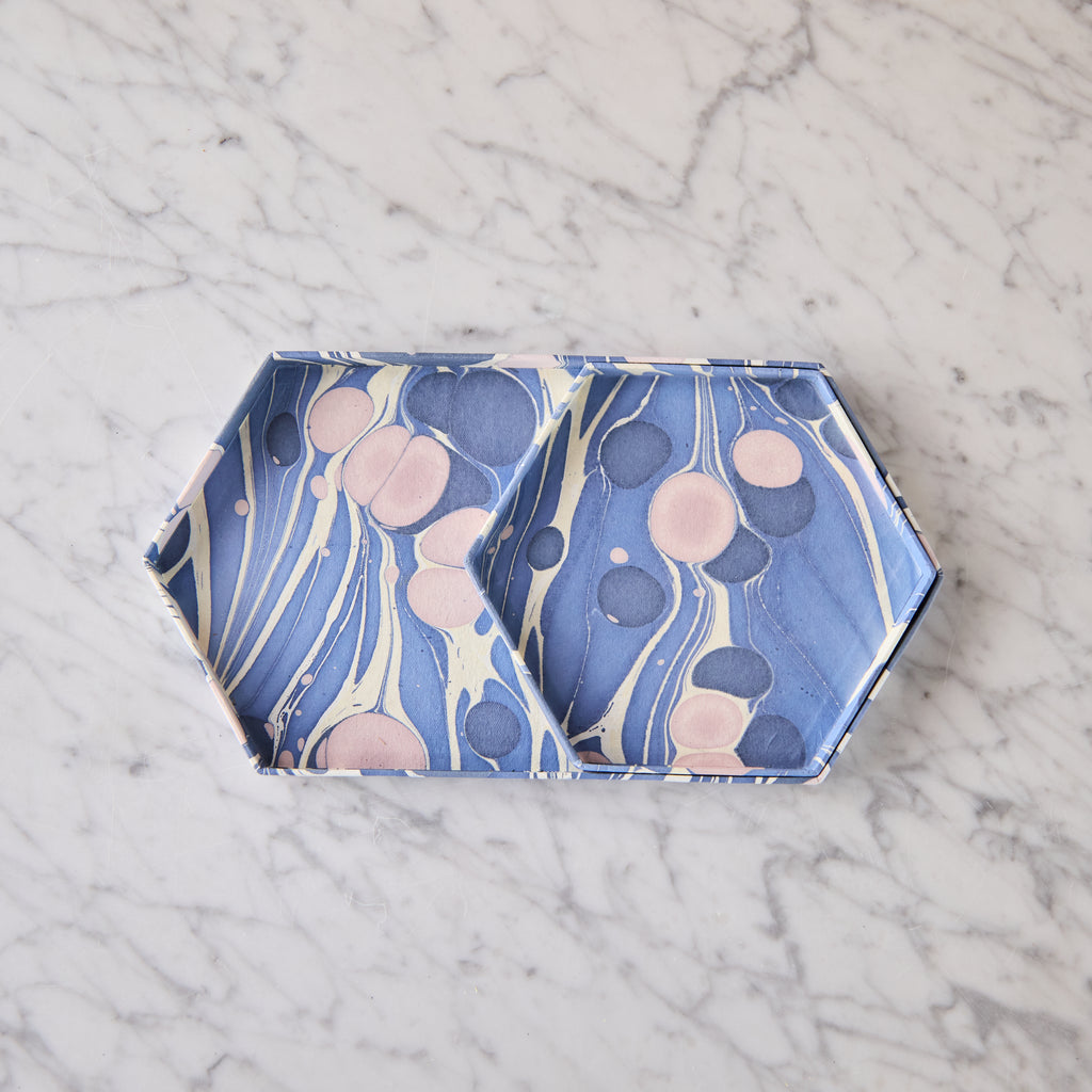 Marbled Hexagonal Nesting Tray Set, Periwinkle & Pink
