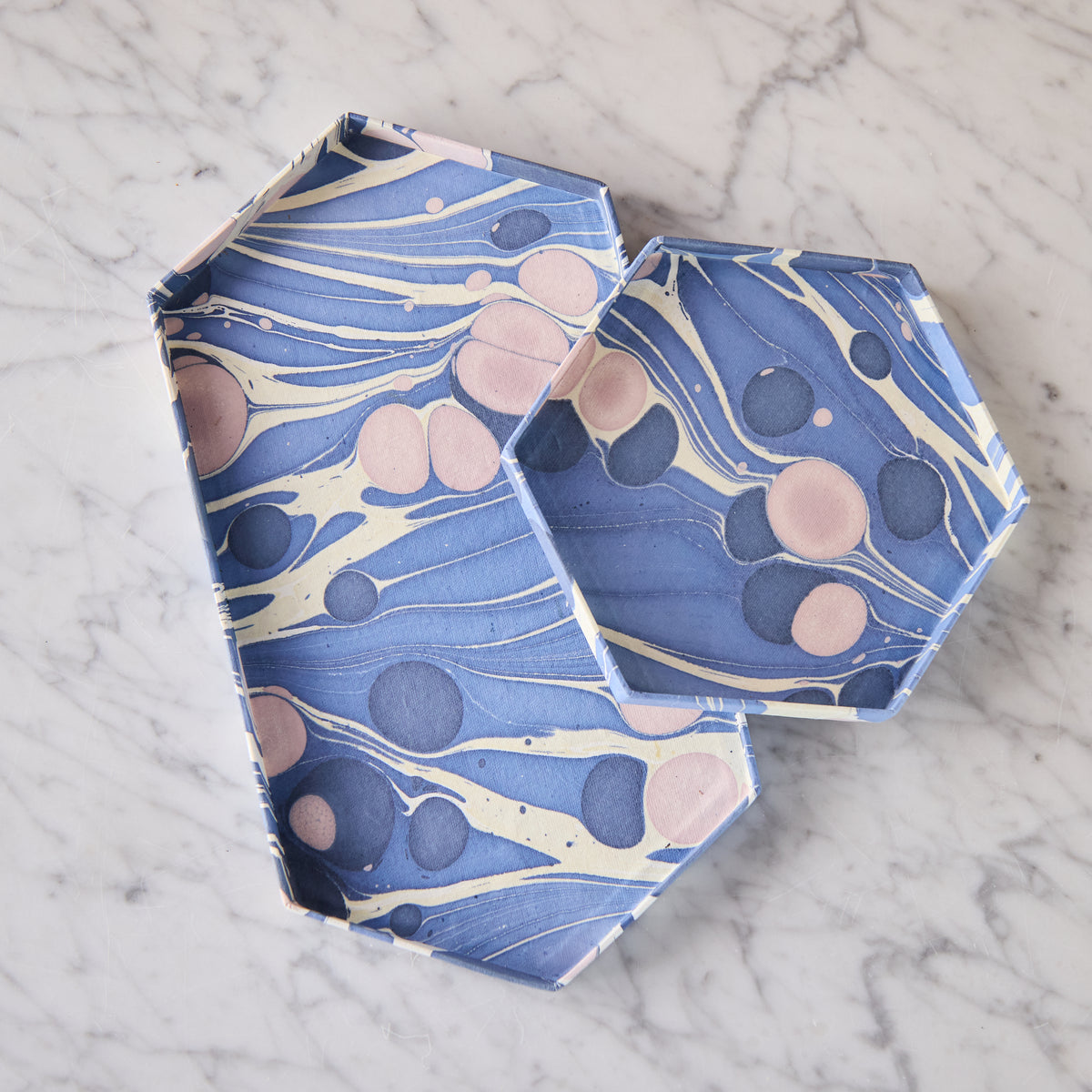 Marbled Hexagonal Nesting Tray Set, Periwinkle & Pink