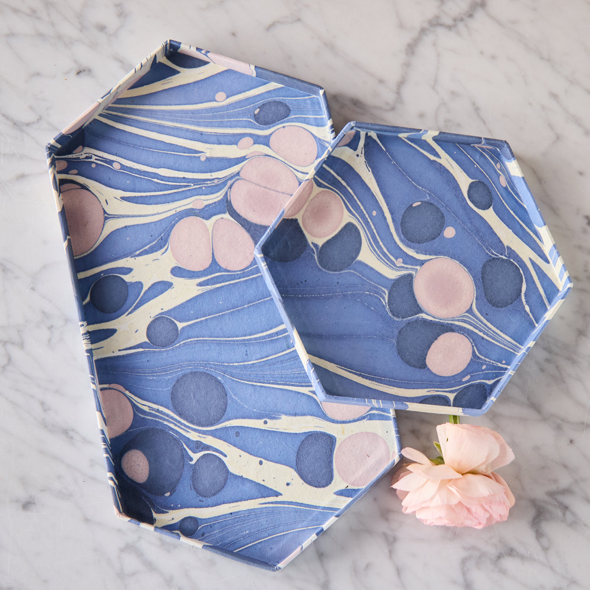 Marbled Hexagonal Nesting Tray Set, Periwinkle & Pink