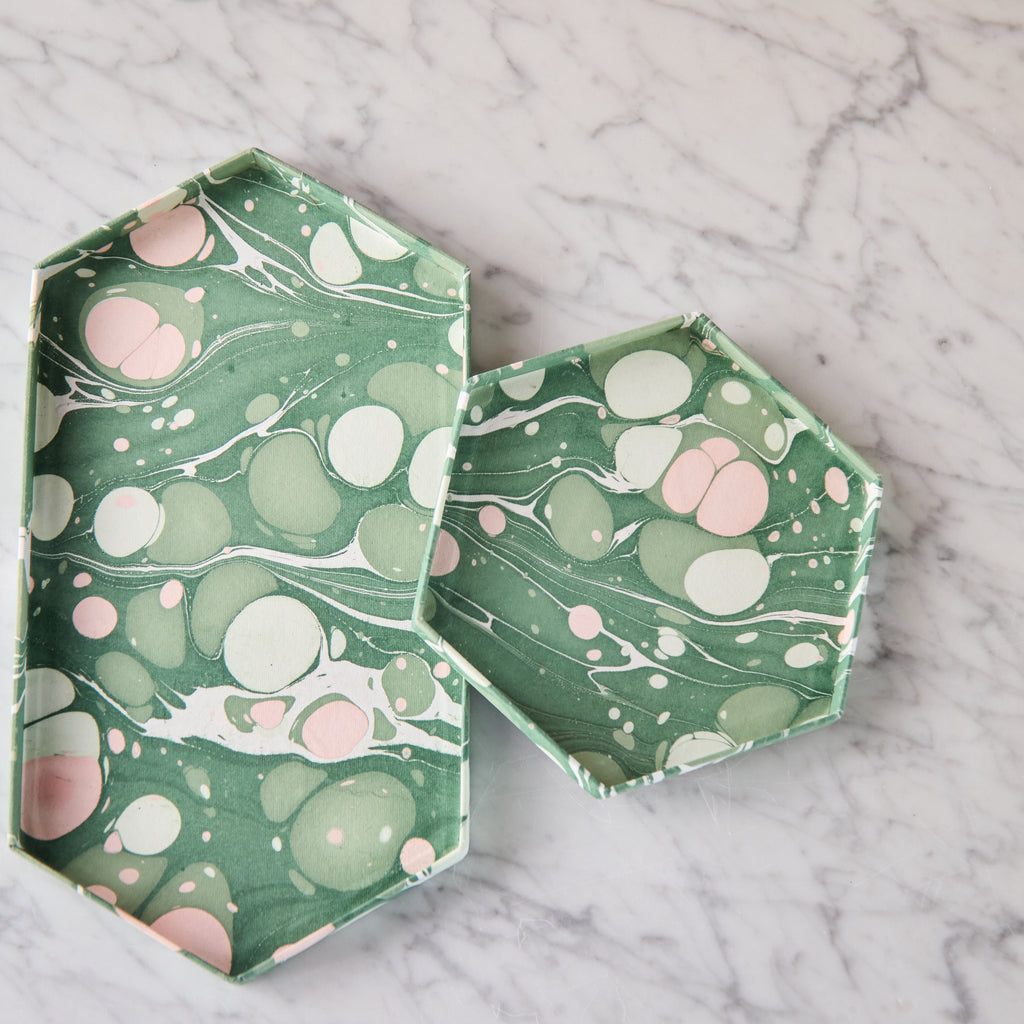 Marbled Hexagonal Tray Set, Green