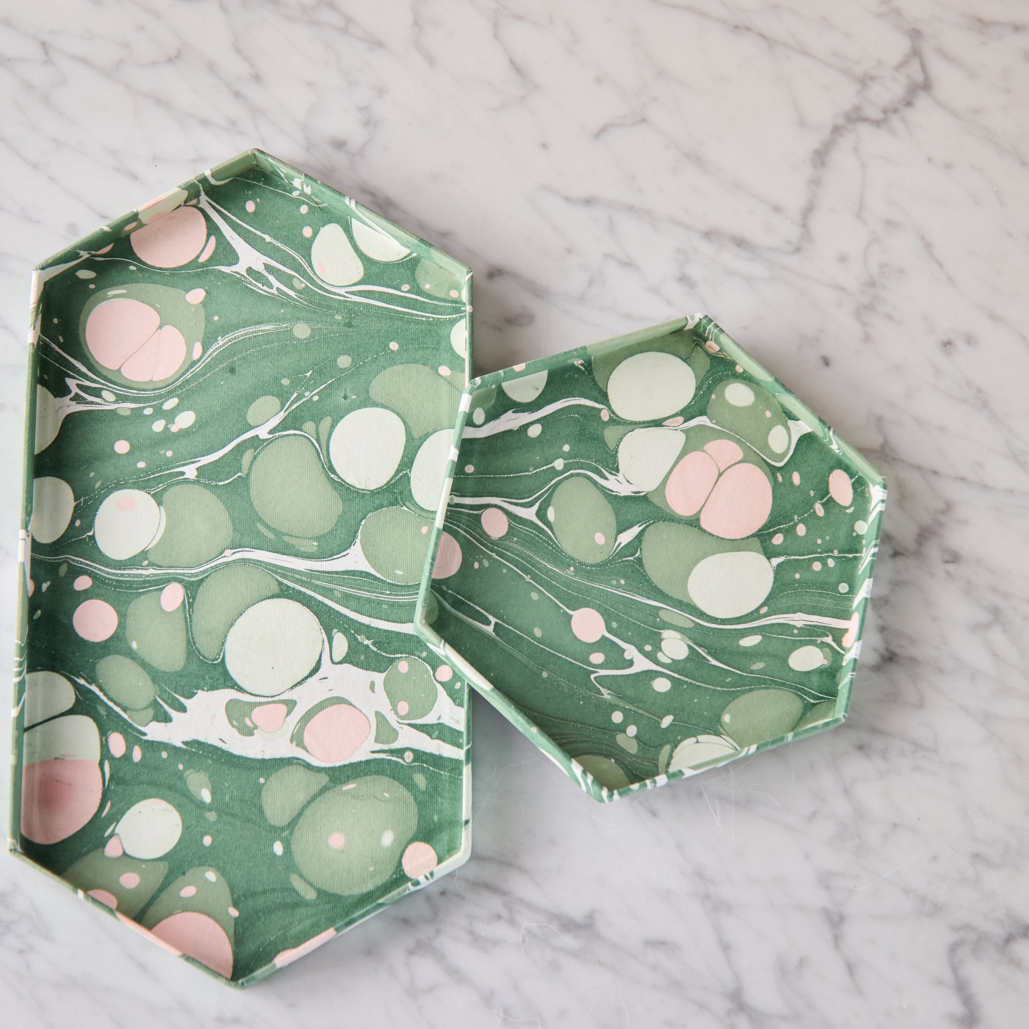 Marbled Hexagonal Tray Set, Green