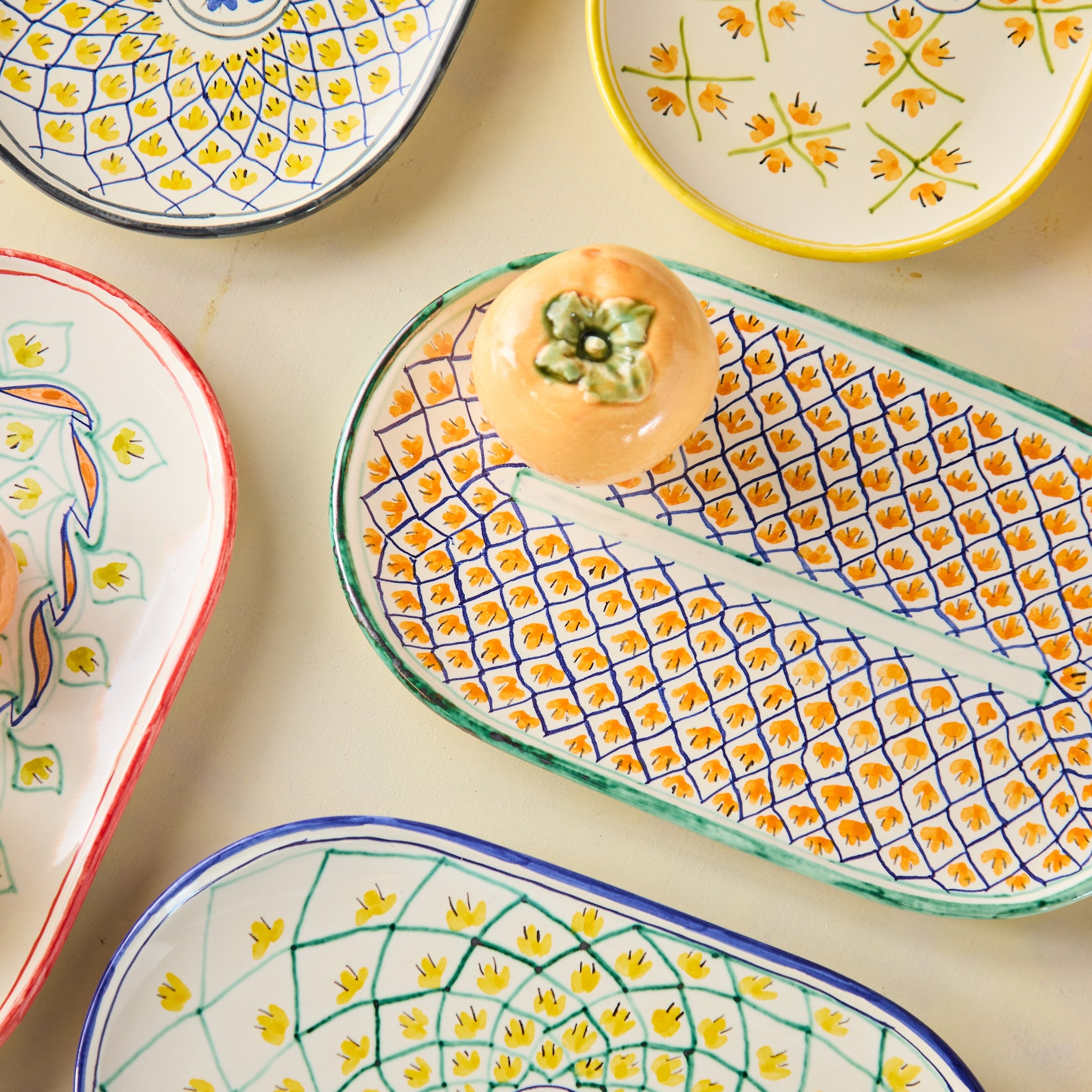 Spanish Earthenware Platter in Orange & Dark Blue