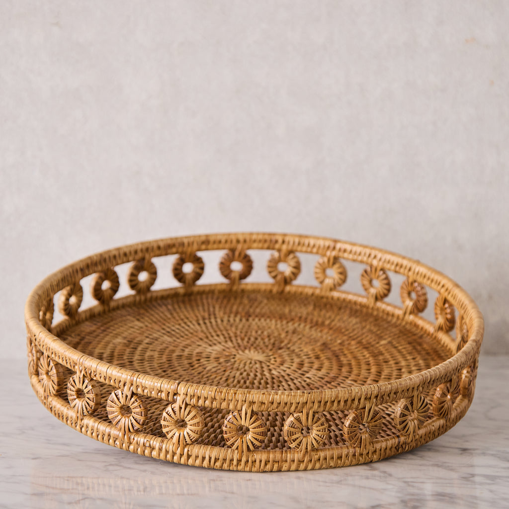 16" Round Rattan Tray with Glass Insert