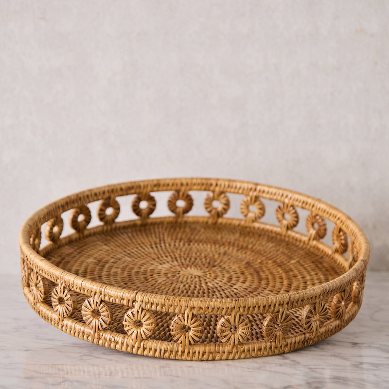 Round Rattan Tray with Glass Insert