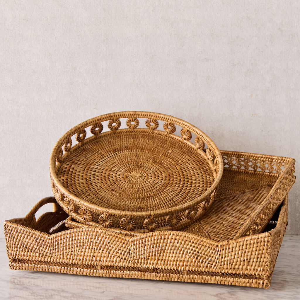 16" Round Rattan Tray with Glass Insert