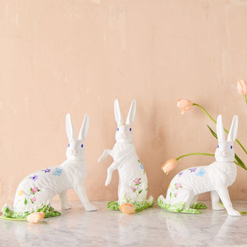 Ino Schaller Papier-Mâché Bunny, Sitting Extra Large White with Flowers