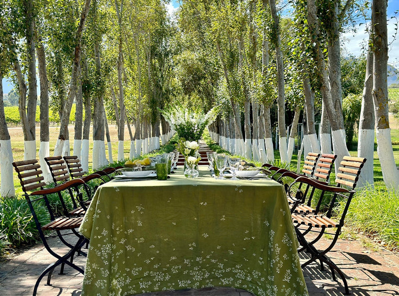 Summerill & Bishop Bee Falling Flower Linen Tablecloth in Avocado Green