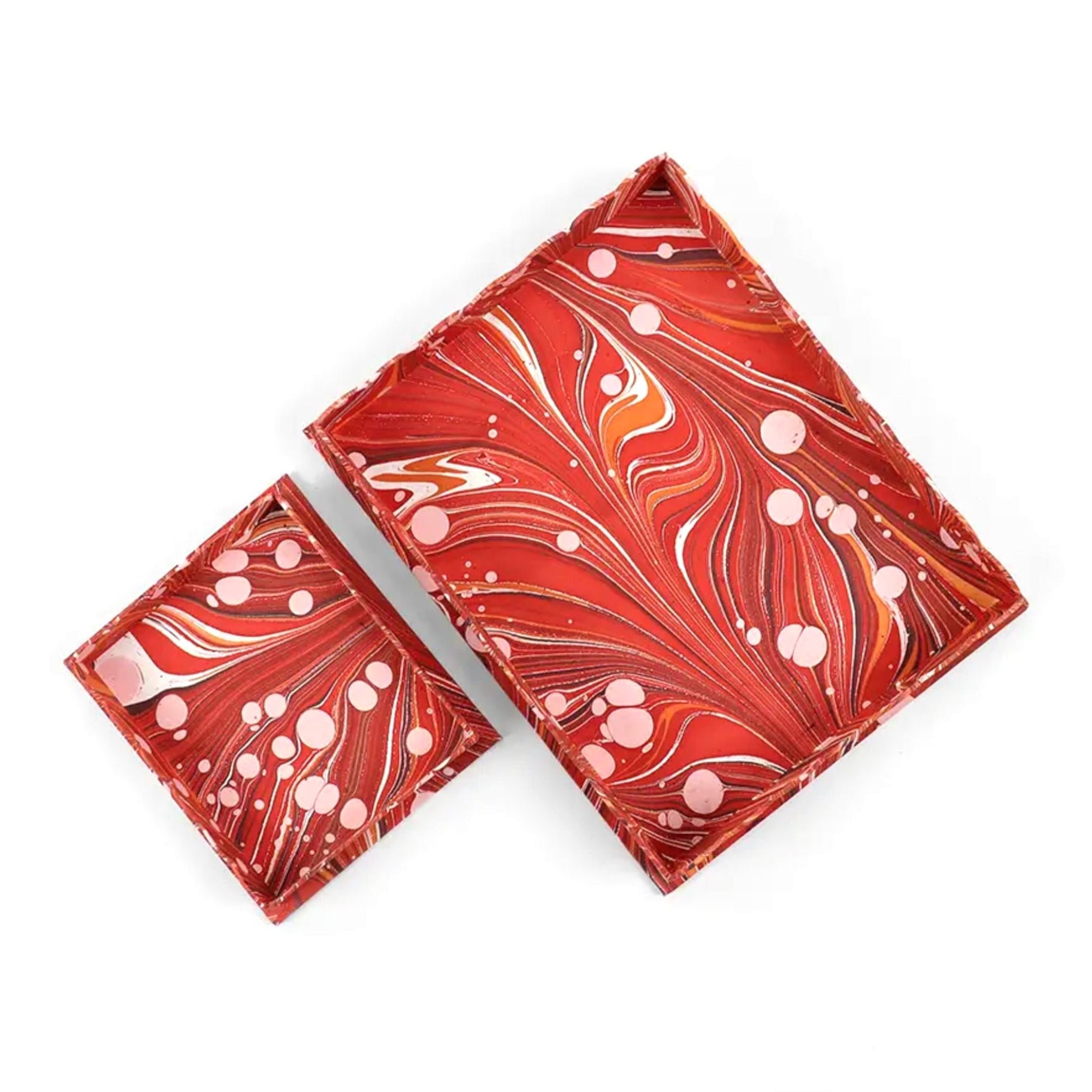 Marbled Scalloped Tray Set, Terracotta Red