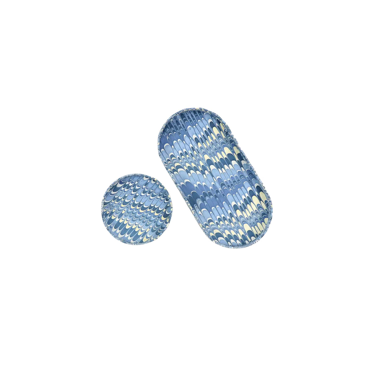 Marbled Round Scalloped Tray Set, Blue