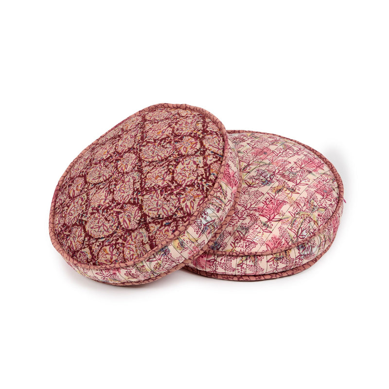 Hand-blocked Pillow in Berry Petals Party, Round