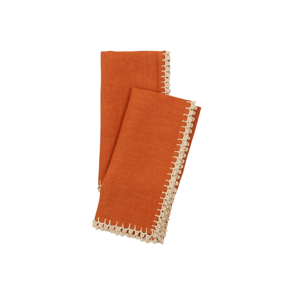 Set of 6 Linen Napkins with Crocheted Scalloped Edge, Rust