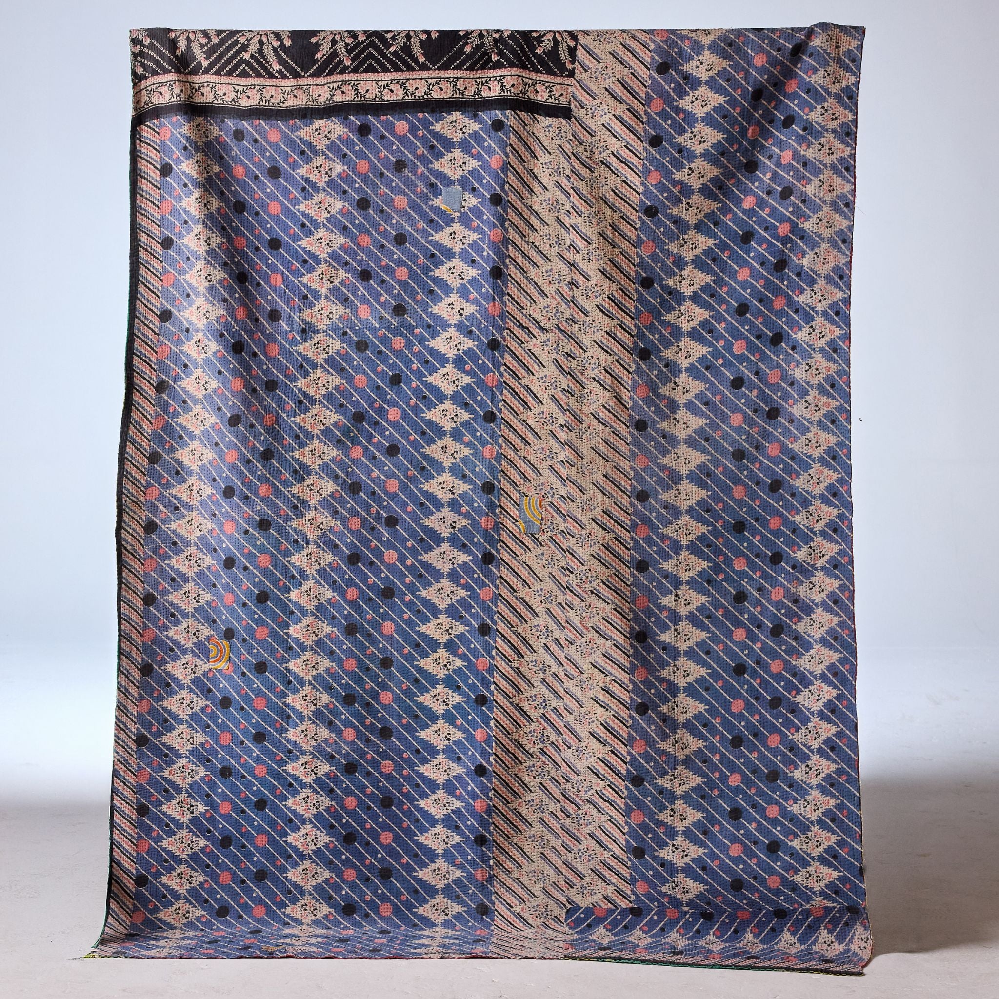 Vintage Indian Kantha Quilt, Indigo & Blush