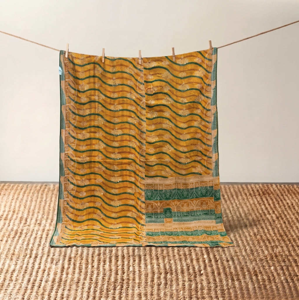 Vintage Indian Kantha Quilt, Ochre & Turquoise