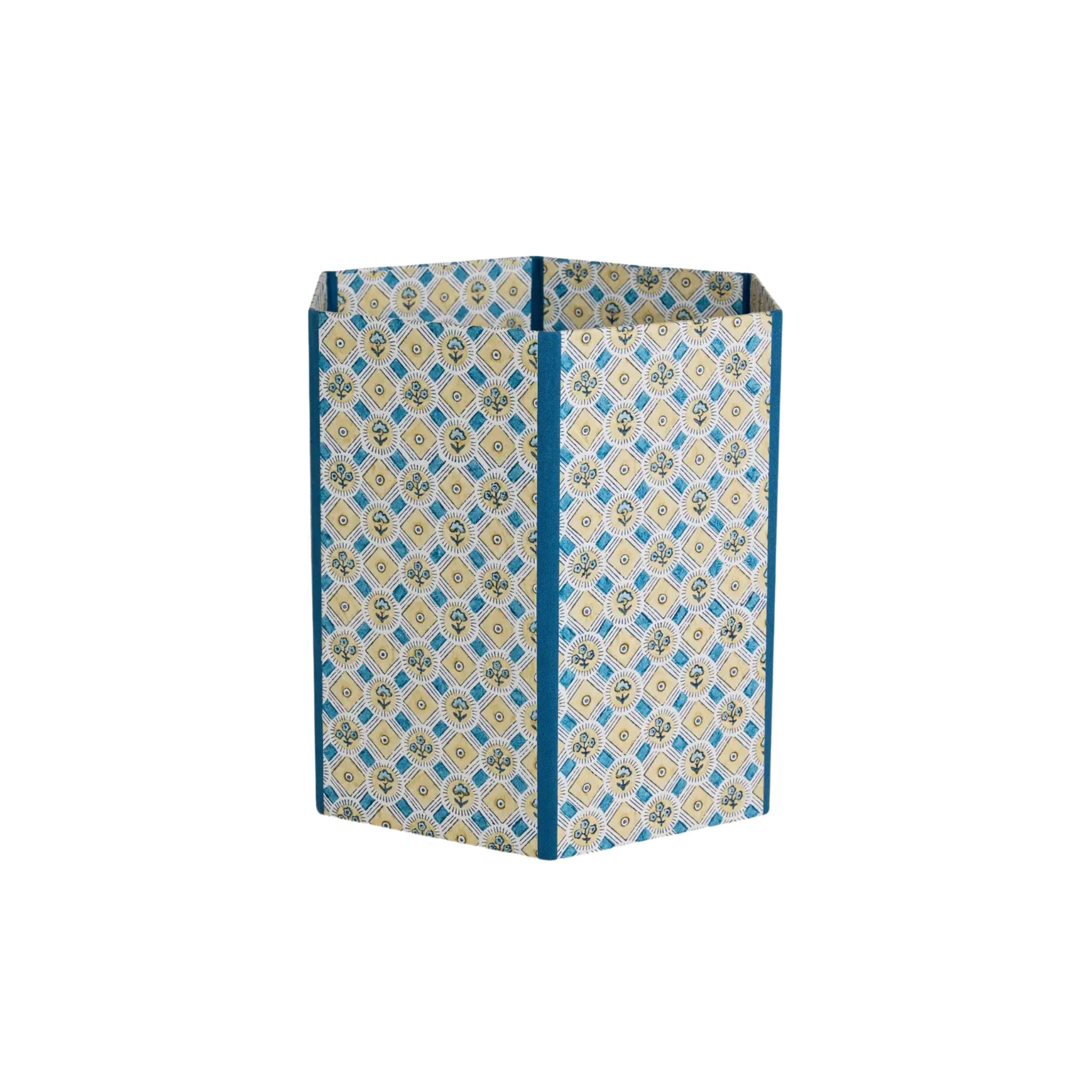 Block-Printed Hexagonal Collapsible Waste Basket, Spring Bloom Blue