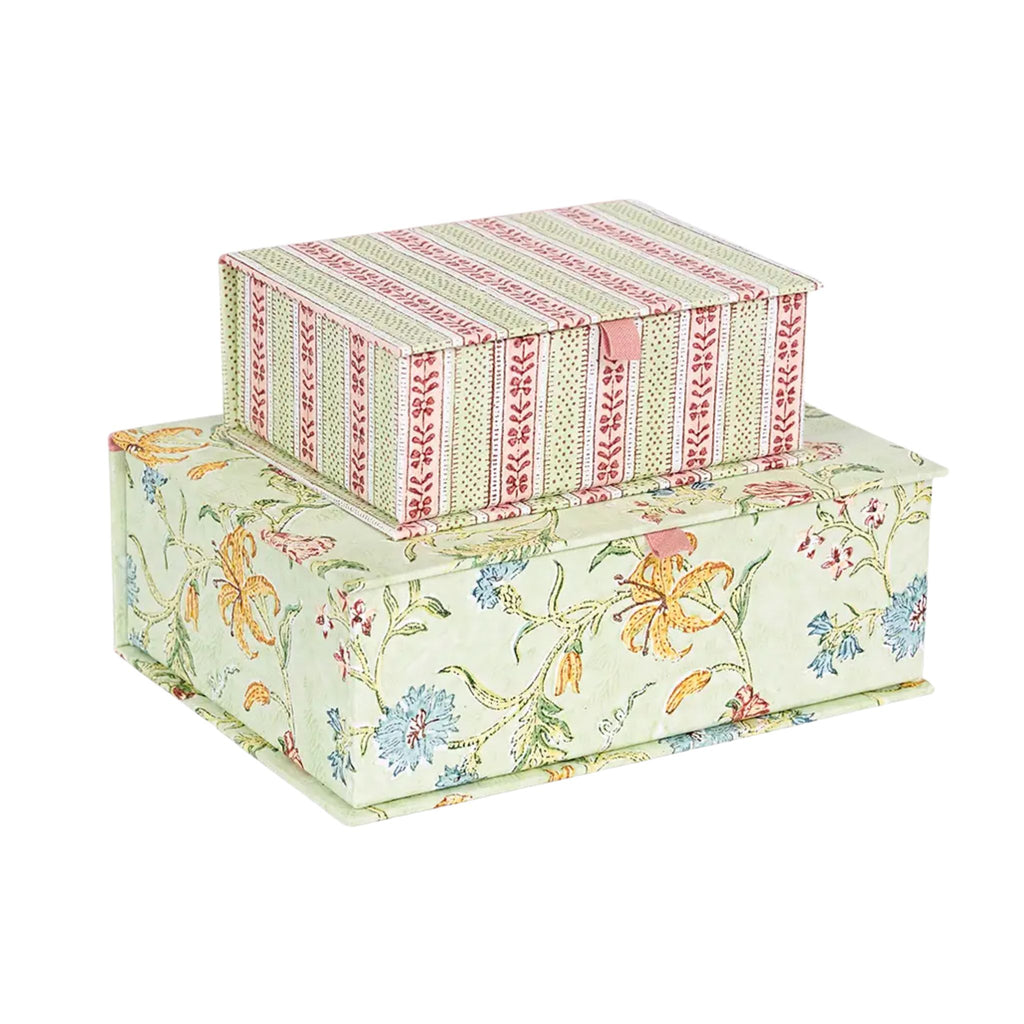 Block-Print Keepsake Box in Mint Rose, Small