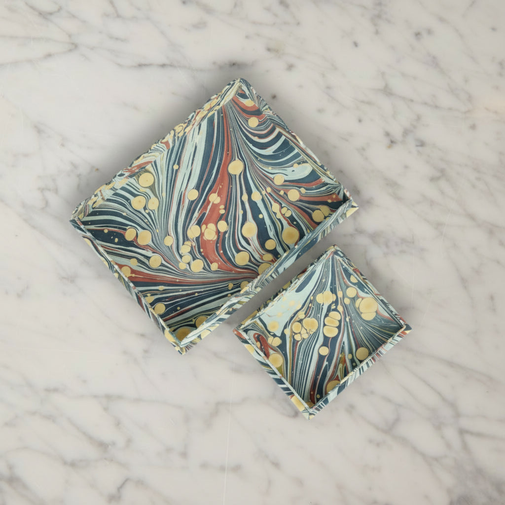 Marbled Scalloped Tray Set, Dusty Blue & Yellow