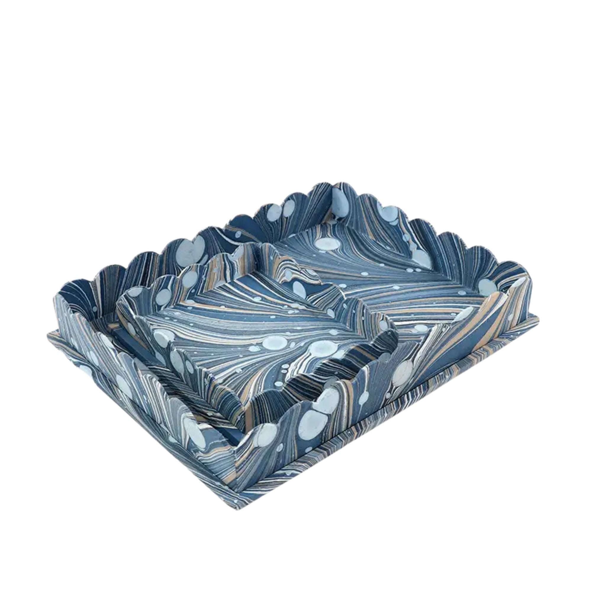 Marbled Scalloped Tray Set, Blue Fire
