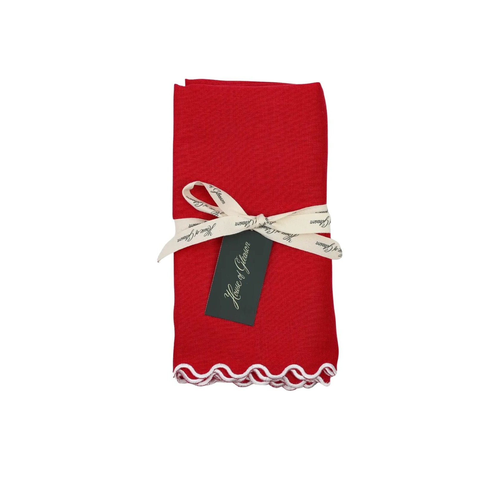 Set of 4 Linen Napkins with Scalloped Edge, Red