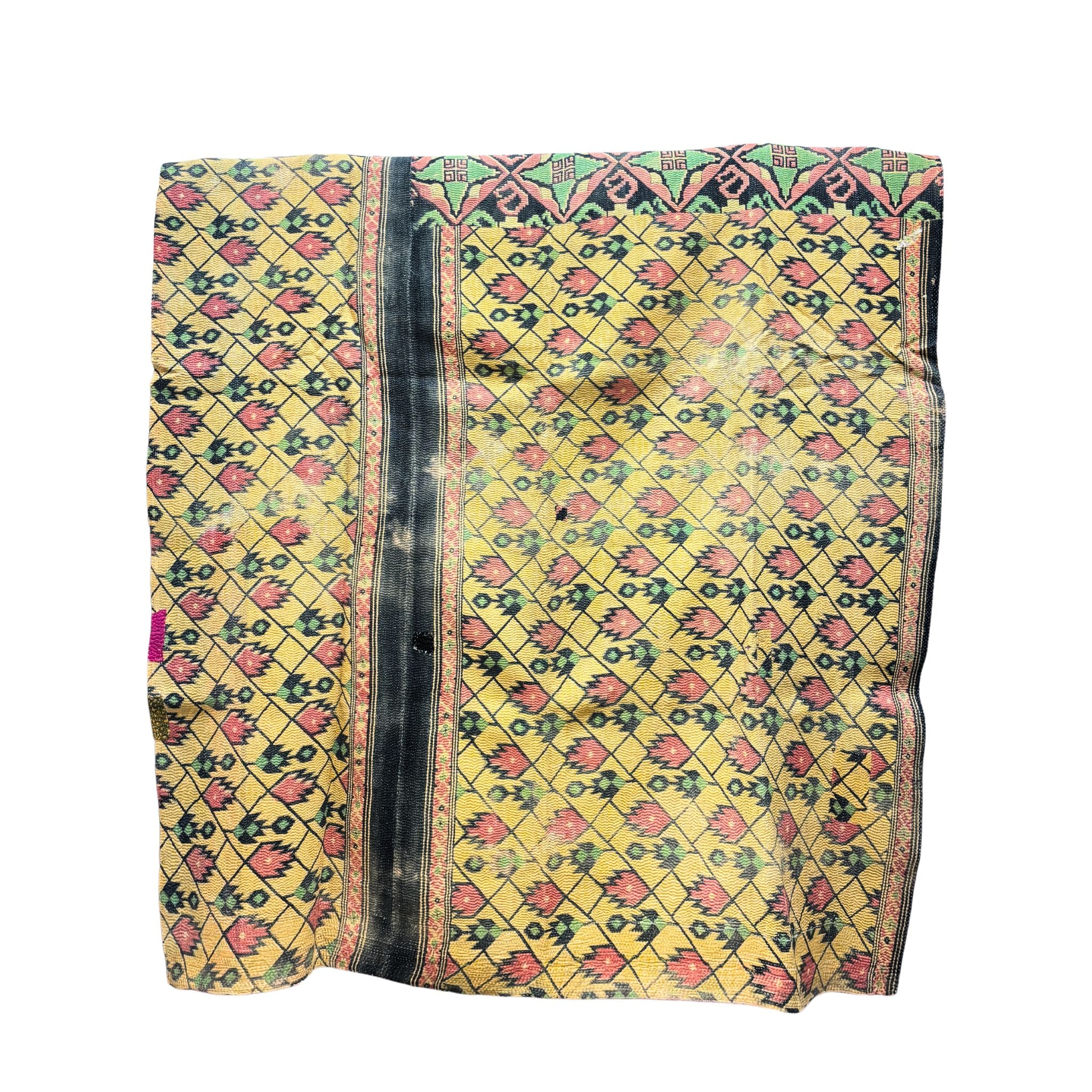 Vintage Indian Kantha Quilt, Yellow, Black with Rose