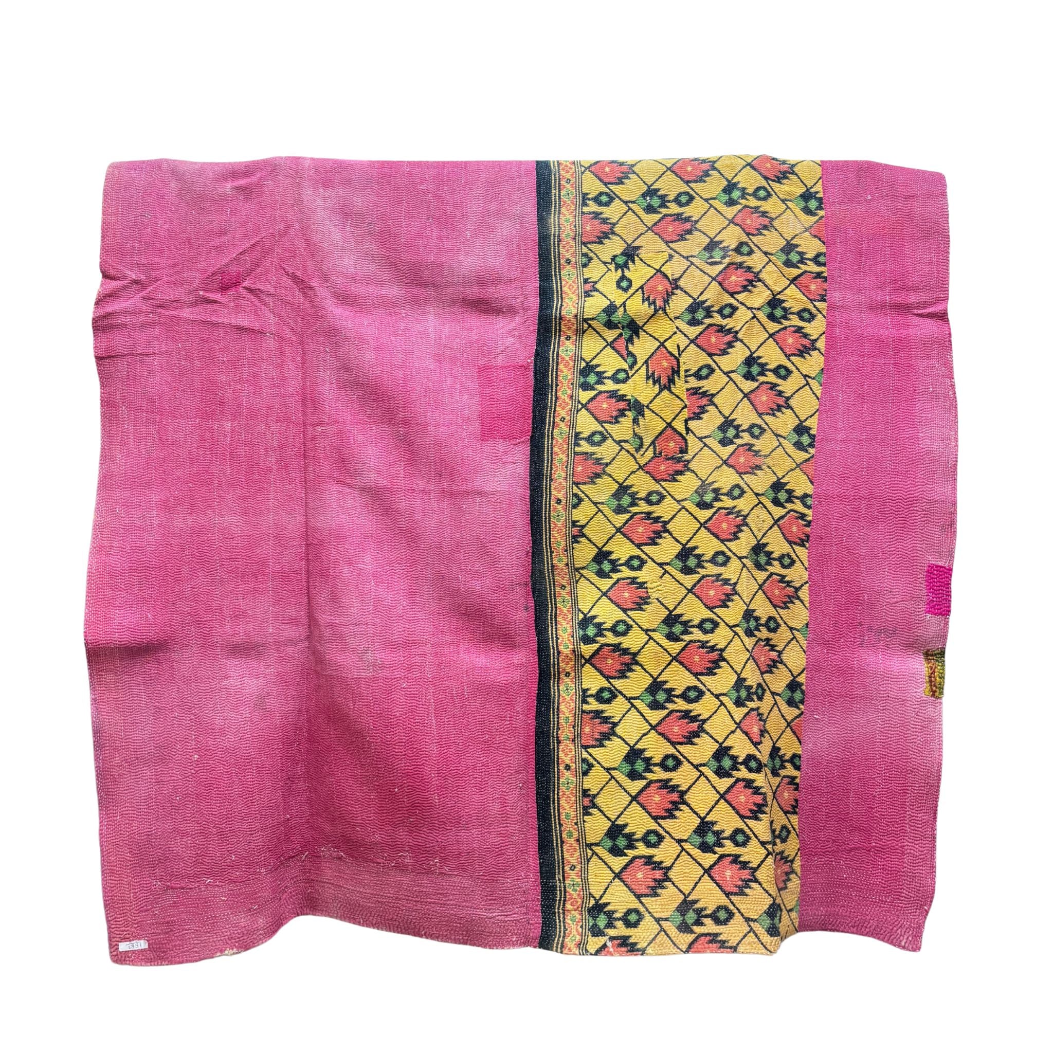 Vintage Indian Kantha Quilt, Yellow, Black with Rose