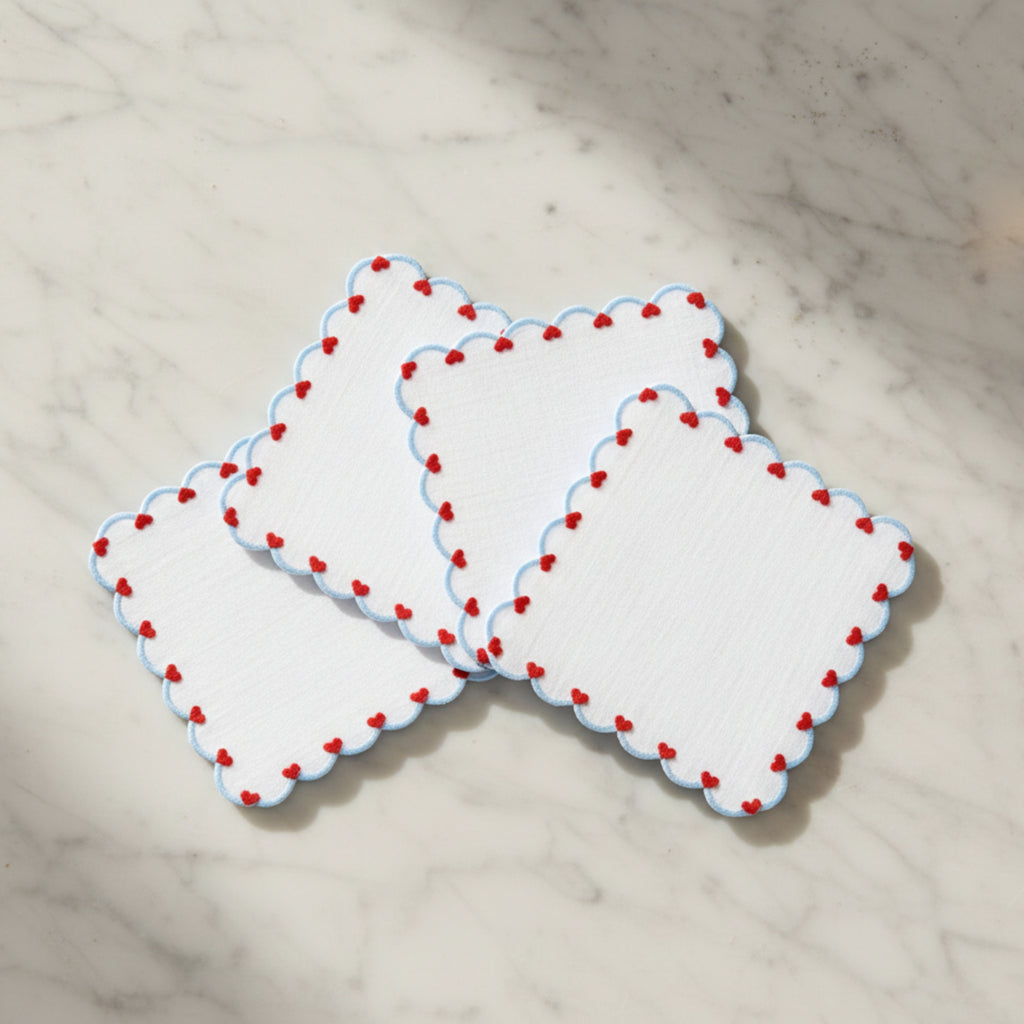 Set of Four Scalloped Heart Cocktail Napkins