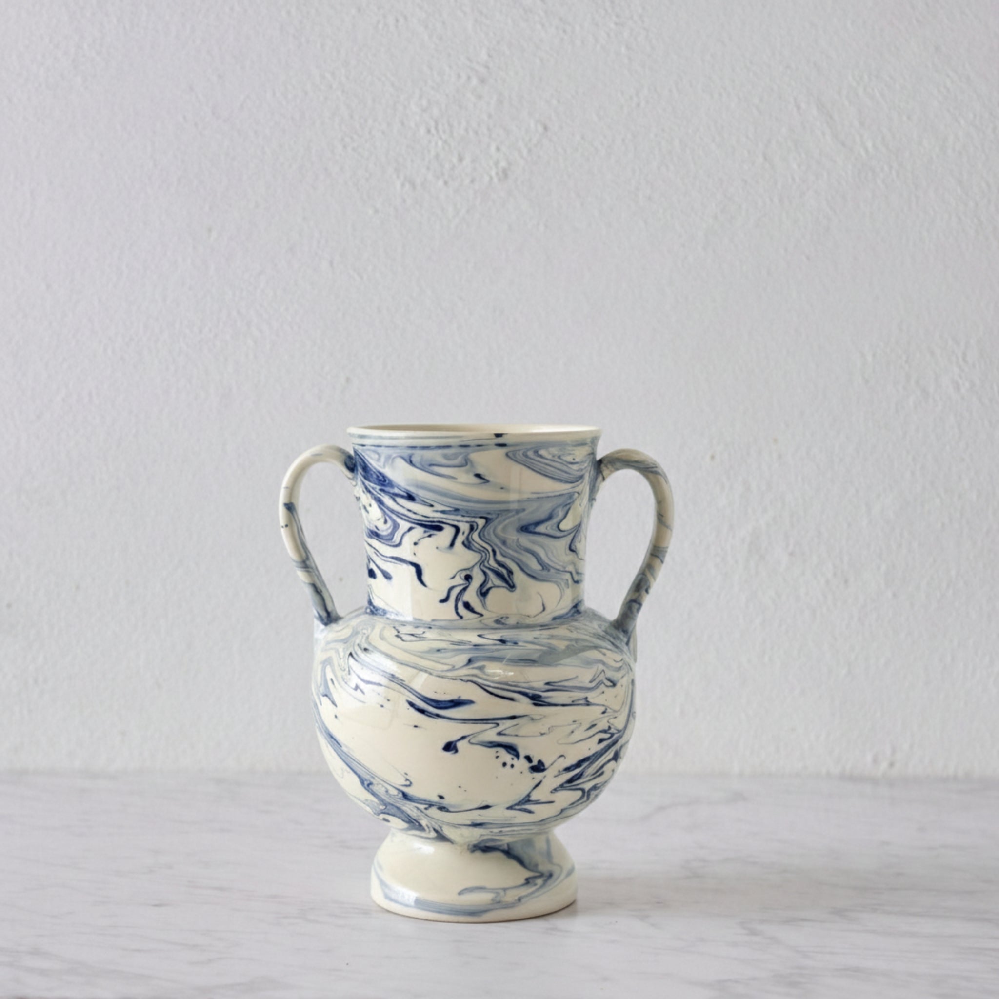 Apulian Amphora Vase in White with Blue Marble Glaze