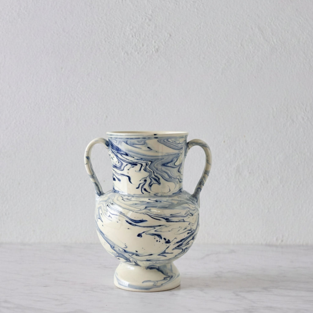Apulian Amphora Vase in White with Blue Marble Glaze